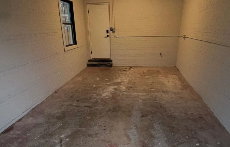 Outdoor walkway showing cracked concrete before and gray flake epoxy after.