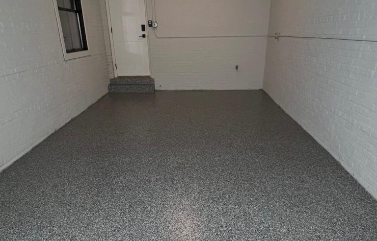 Outdoor walkway showing cracked concrete before and gray flake epoxy after.