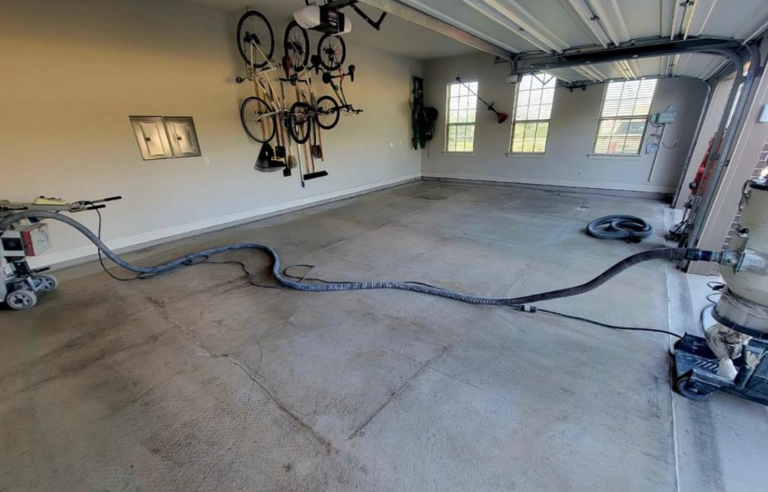 Before-and-after of workshop floor: dirty concrete vs. smooth gray epoxy coating