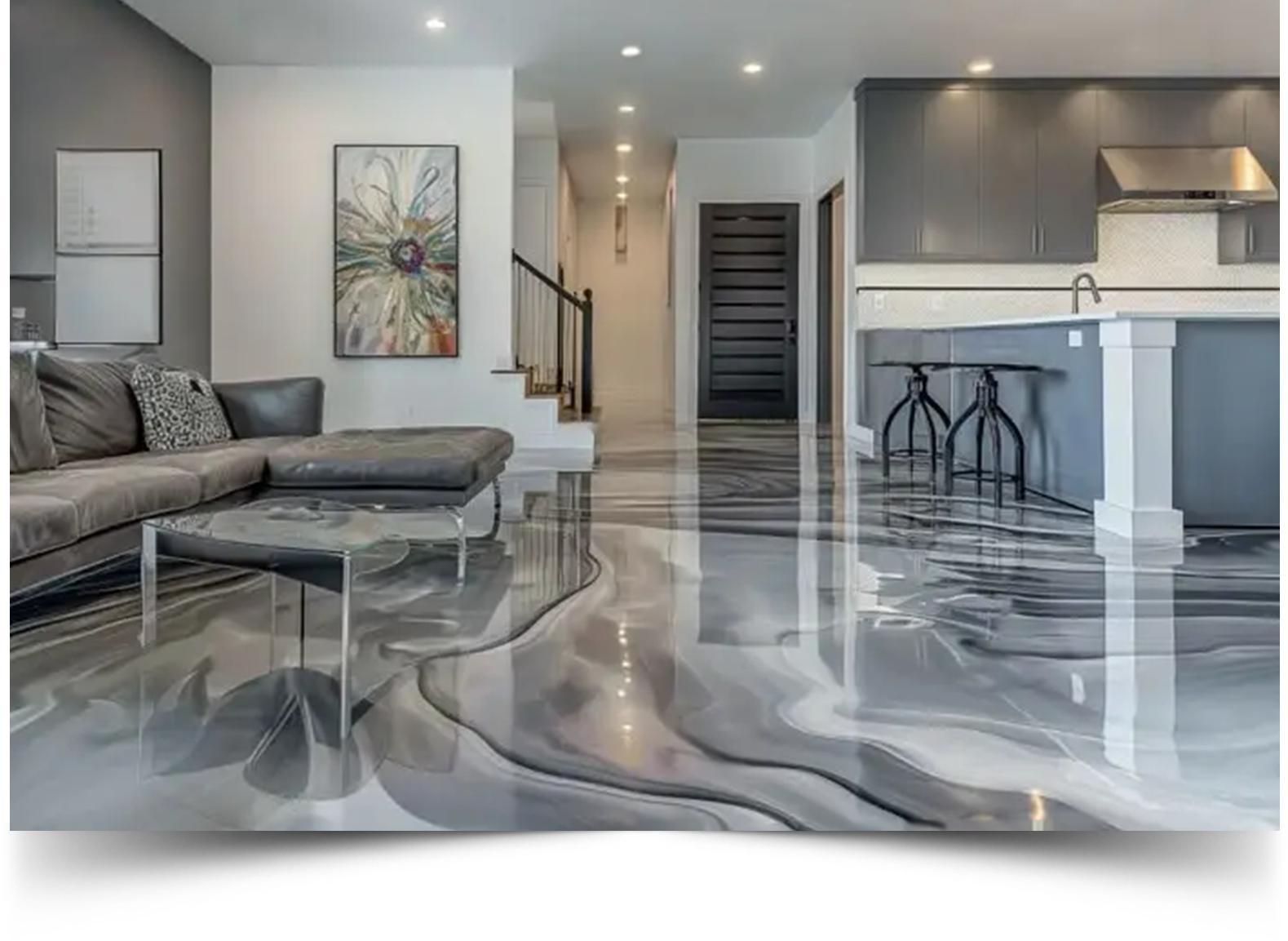 Silver and grey metallic epoxy floor with swirling liquid design in modern living space